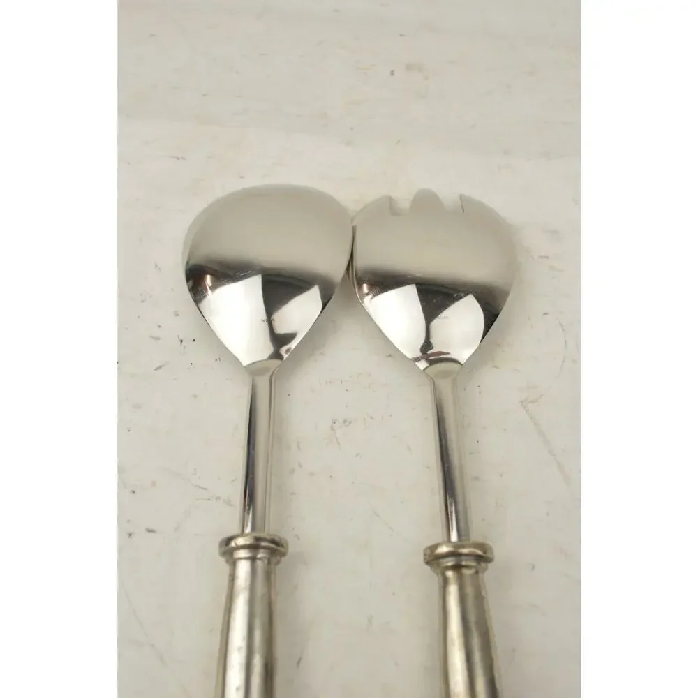 Vintage Silver Tone Salad Serving Spoon Fork Set Ornate Handles Made in India